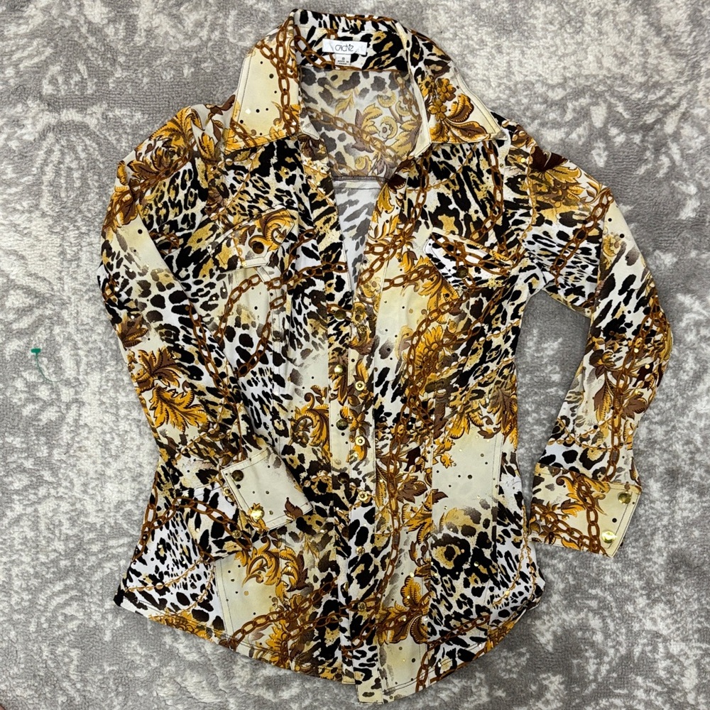 Cache Multicolor Animal Print Button-Down Shirt Sparkly